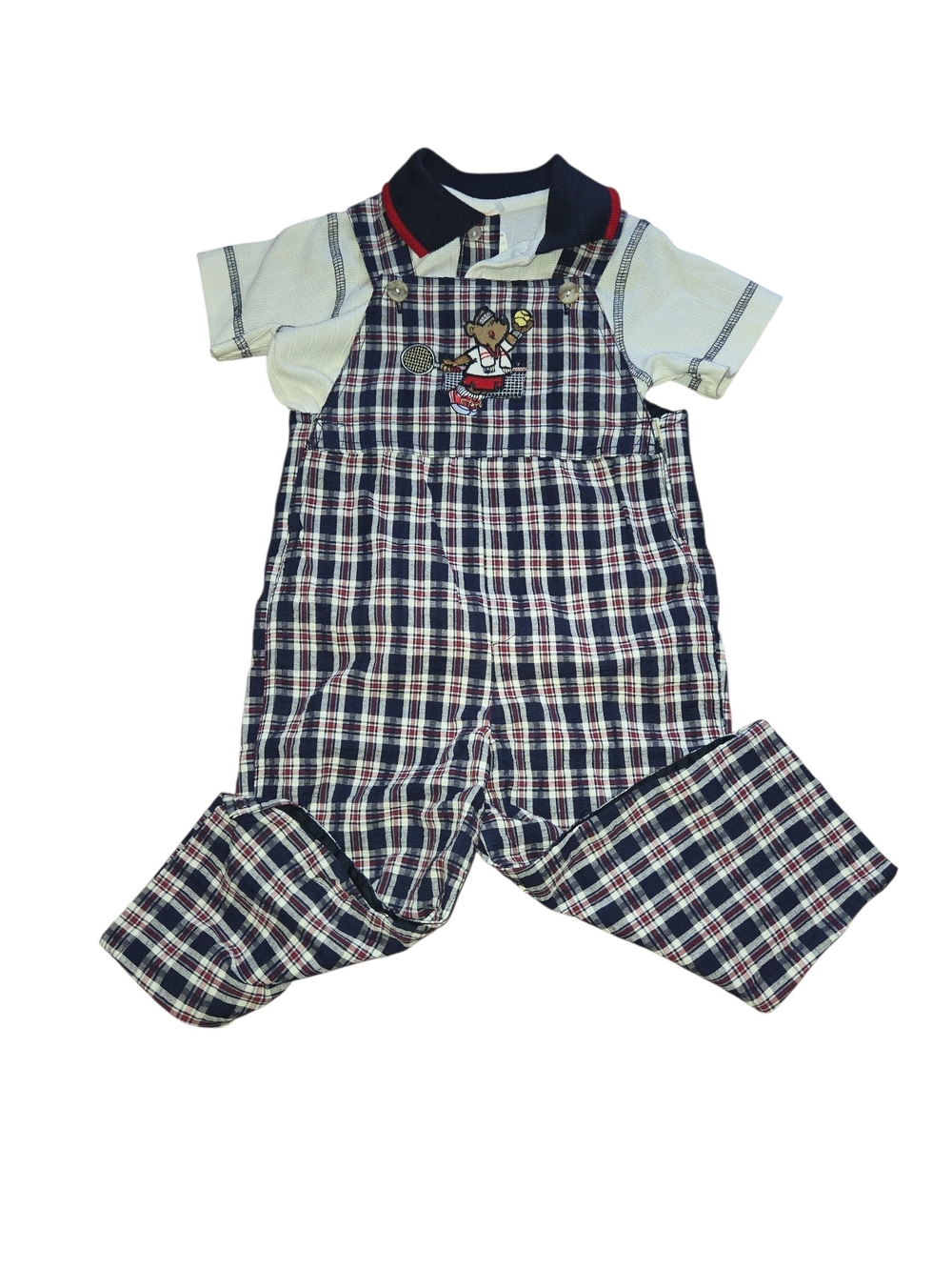 Plaid Navy & Red Kids Overalls with White Polo
